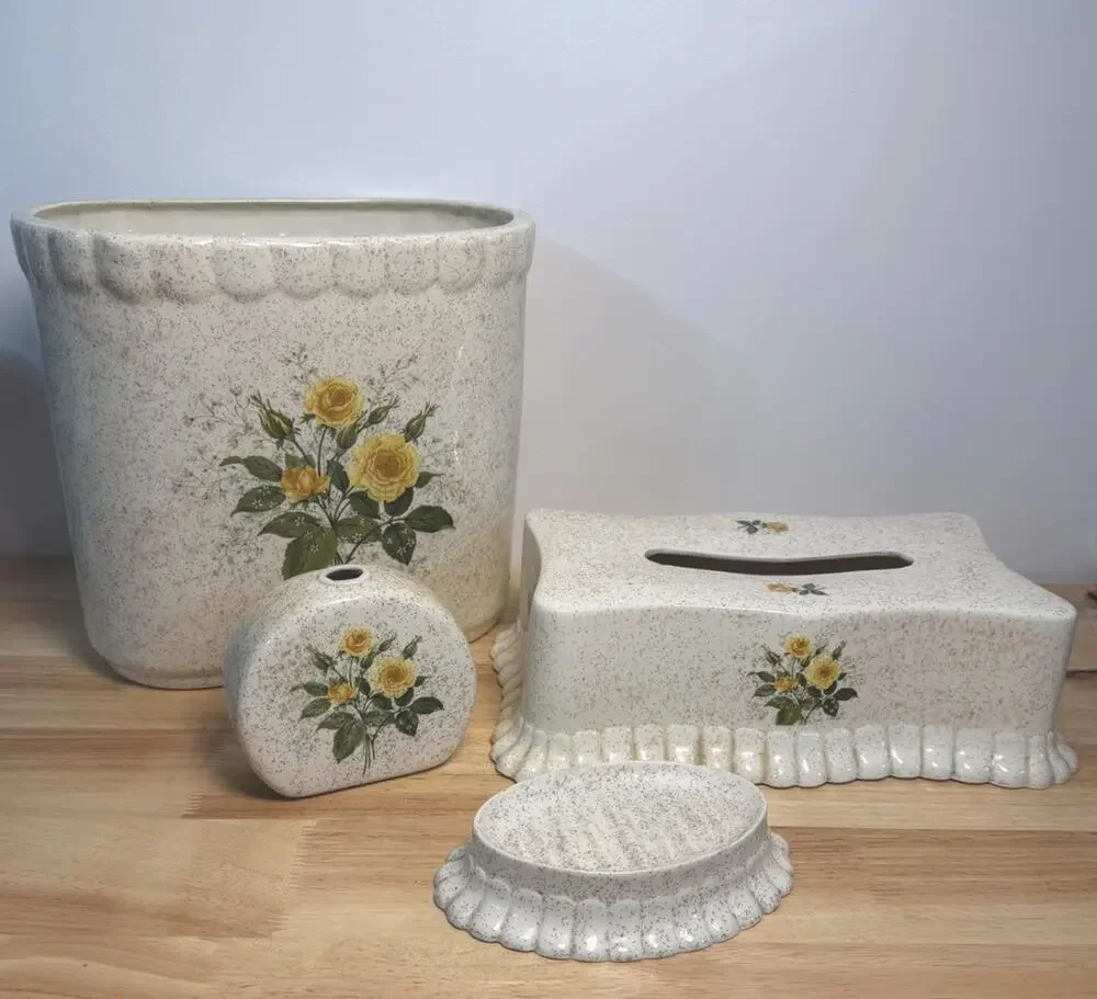 VTG 1983 Ceramic Vanity Bathroom Set of 4 Speckled Yellow Floral Design READ
